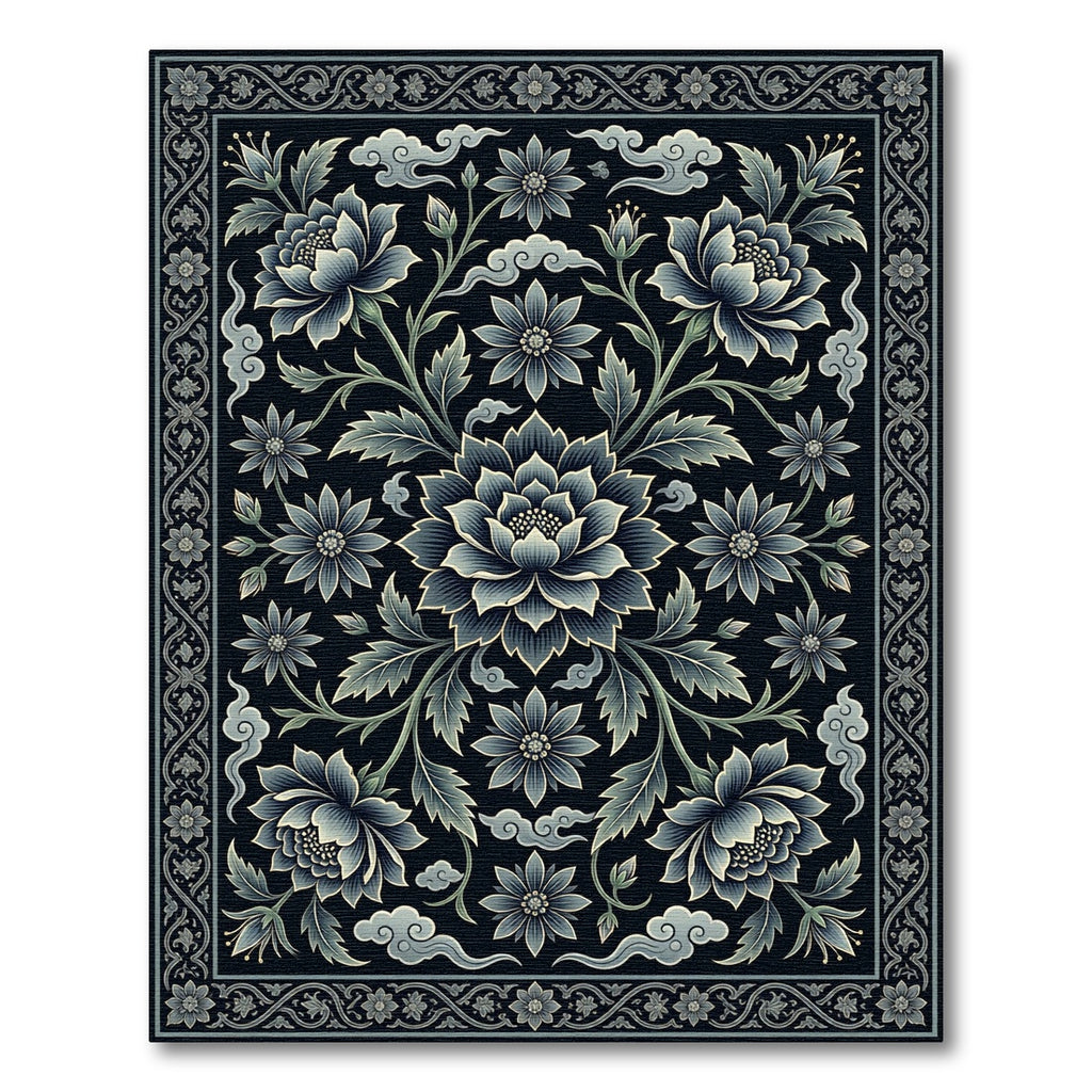Elegant Midnight Blue Lotus Floral Illustration Rug