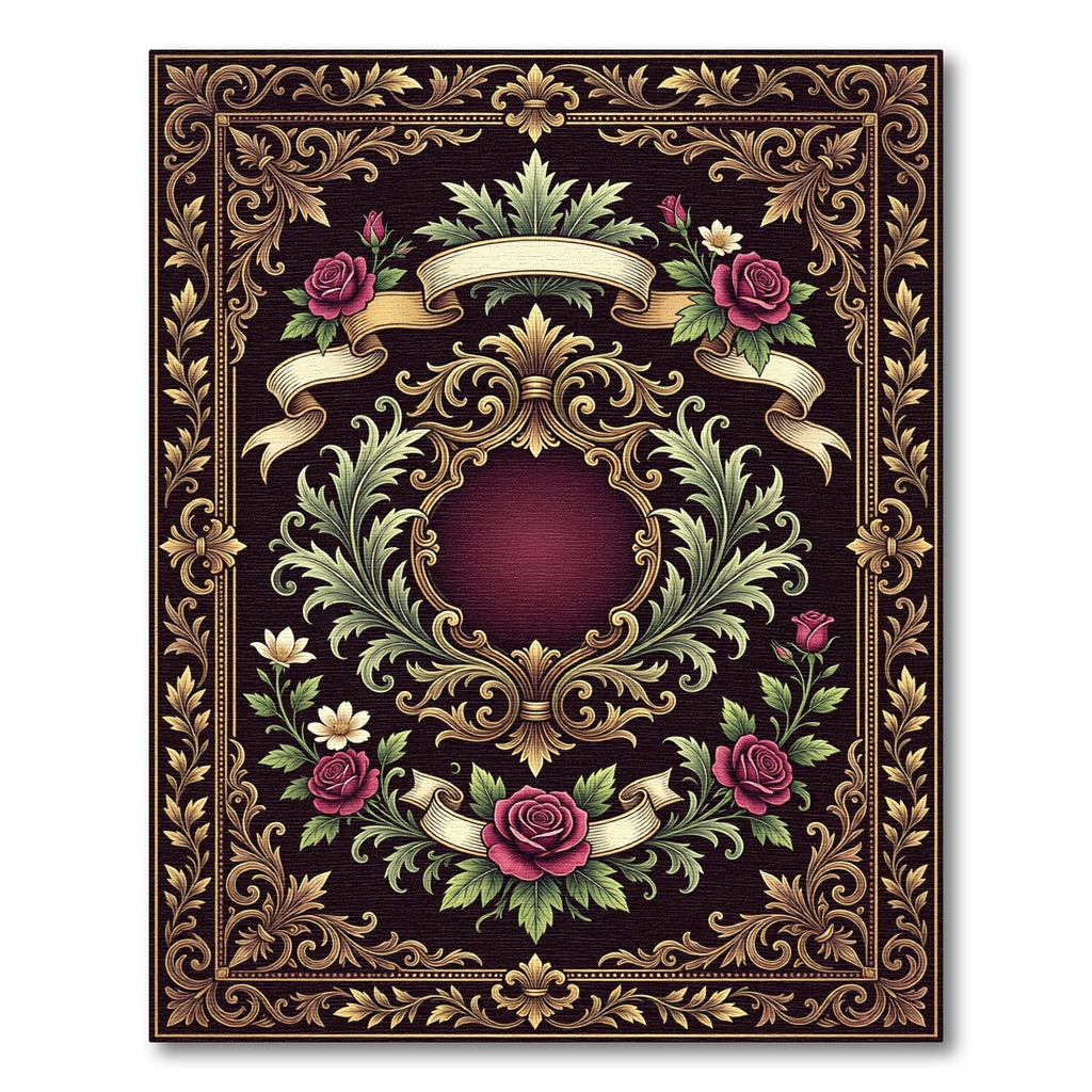 Ornate Burgundy Floral Damask Scroll Medallion Rug