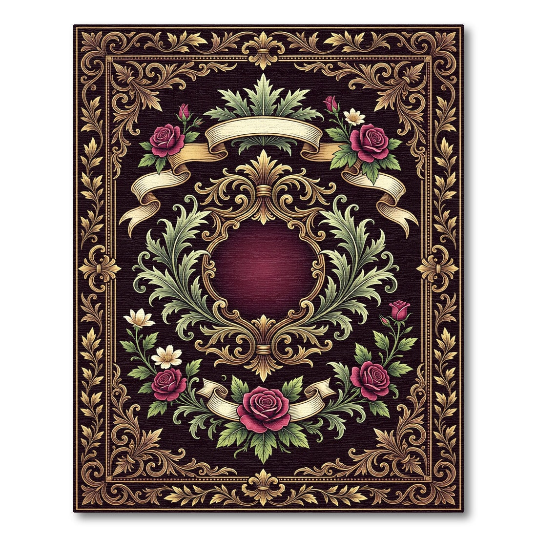 Ornate Burgundy Floral Damask Scroll Medallion Rug