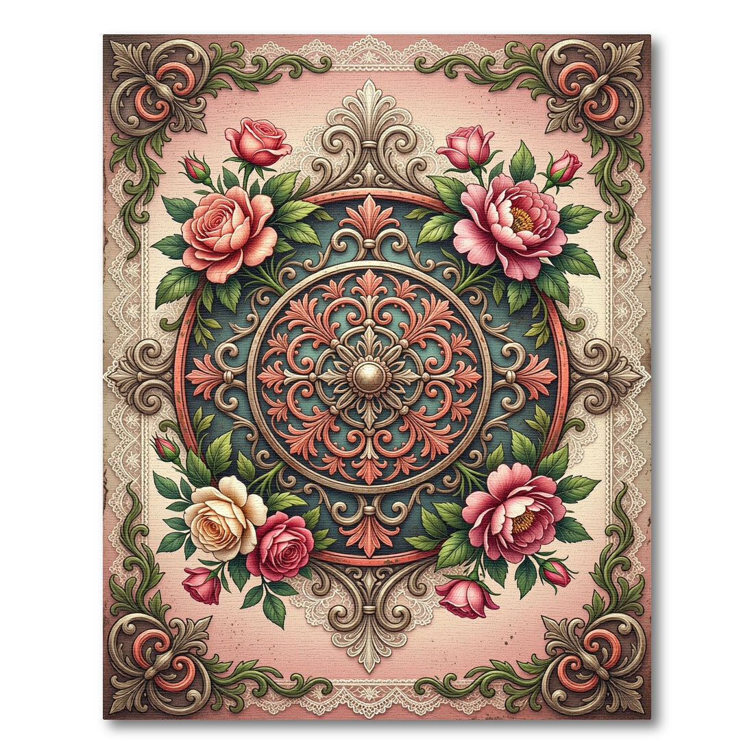 Vintage Pink Floral Ornate Medallion Rug
