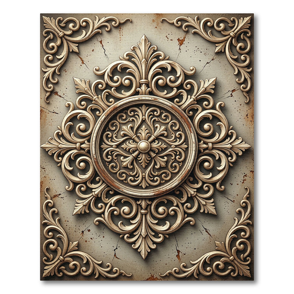 Ornate Golden Baroque Scroll Medallion Rug