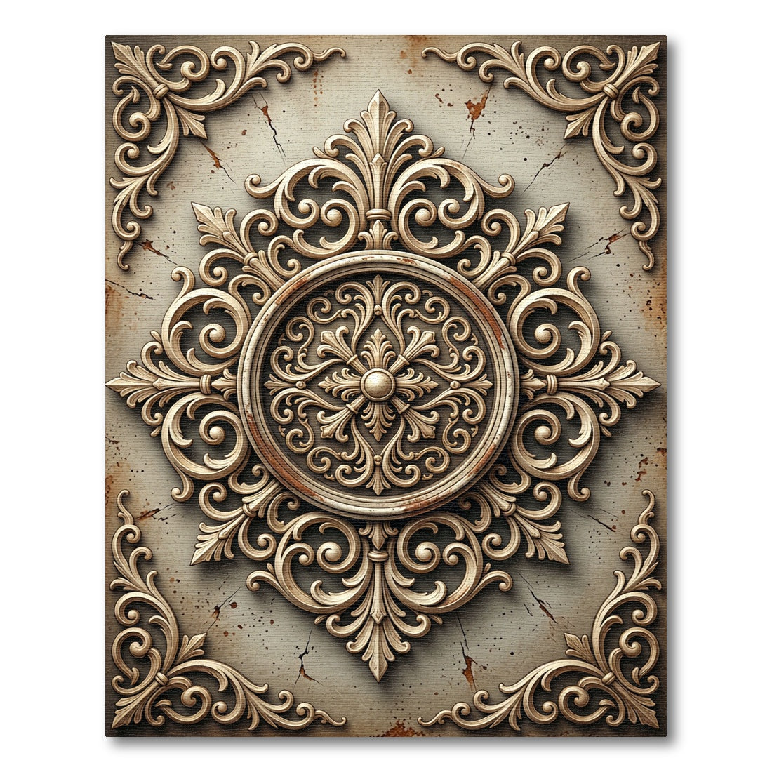 Ornate Golden Baroque Scroll Medallion Rug