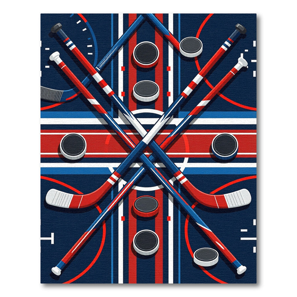 Geometric Hockey Stick and Puck Art Rug