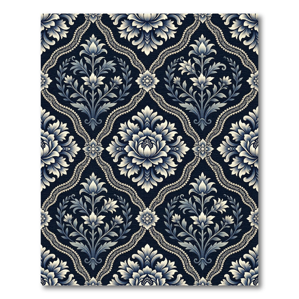 Navy Blue Floral Damask Scrollwork Rug