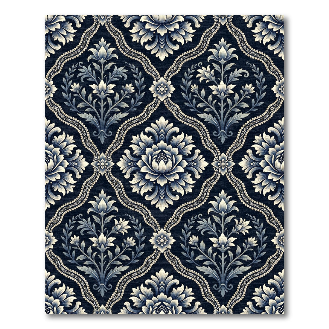 Navy Blue Floral Damask Scrollwork Rug