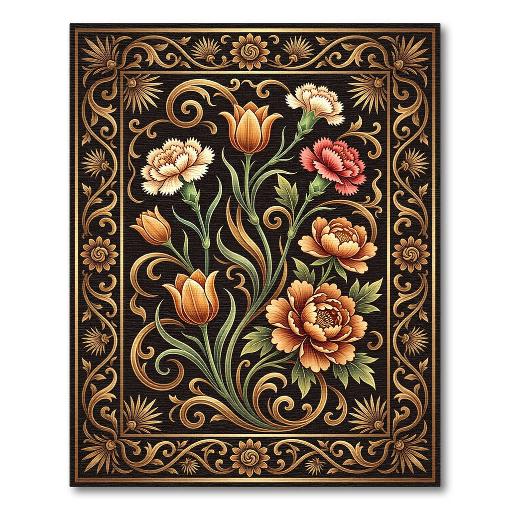 Golden Floral Bouquet on Black Ground Rug