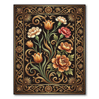 Golden Floral Bouquet on Black Ground Rug