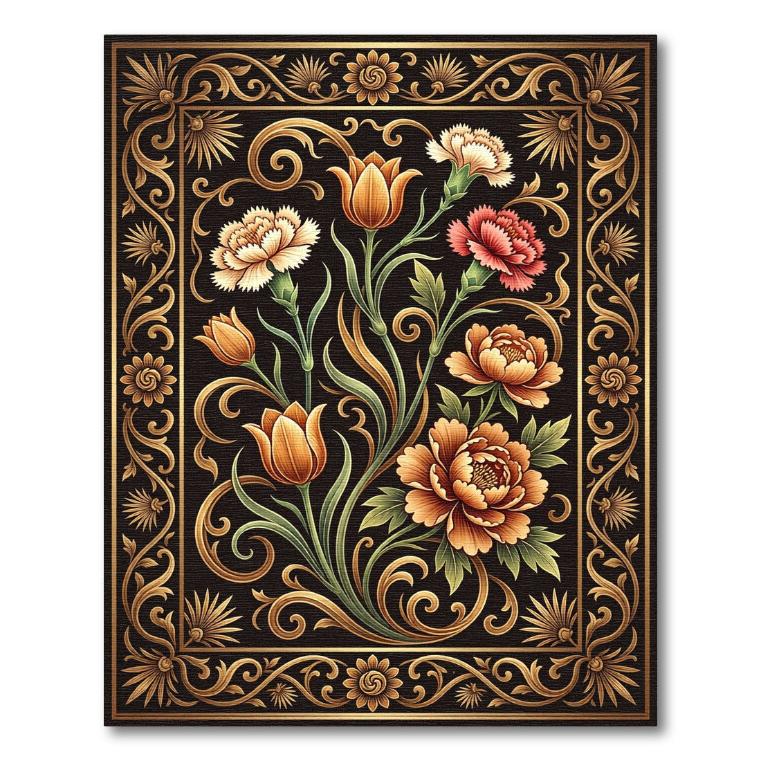 Golden Floral Bouquet on Black Ground Rug