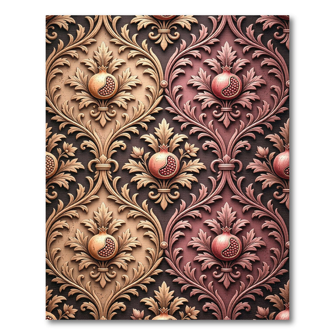 Elegant Damask Pomegranate Golden Mauve Scroll Rug