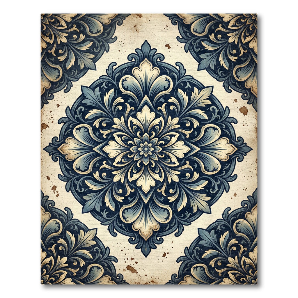 Ornate Blue Ivory Damask Medallion Rug
