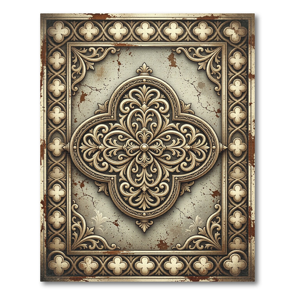 Gold Ornate Floral Trellis Medallion Rug