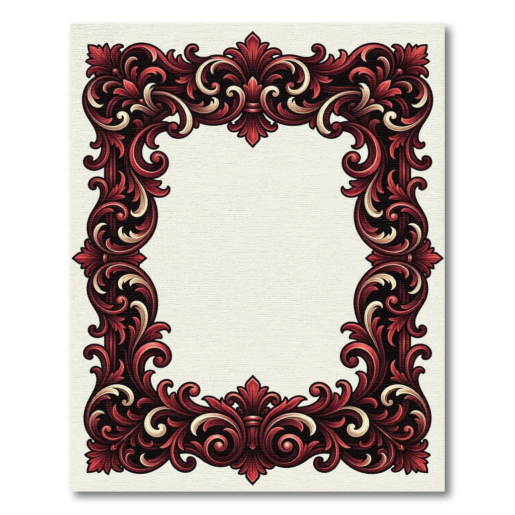 Ornate Crimson Baroque Scrollwork Border Rug