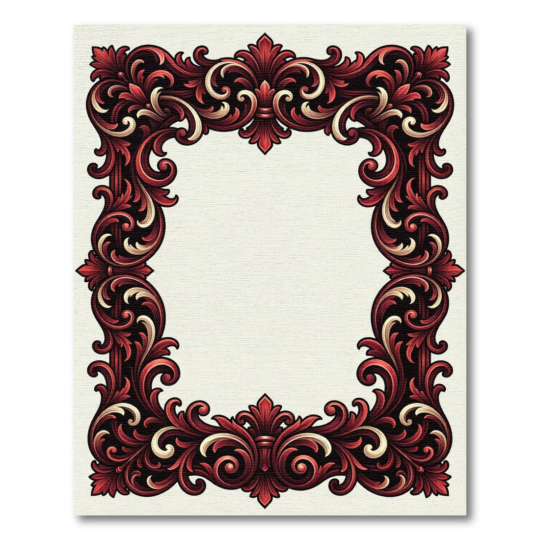 Ornate Crimson Baroque Scrollwork Border Rug