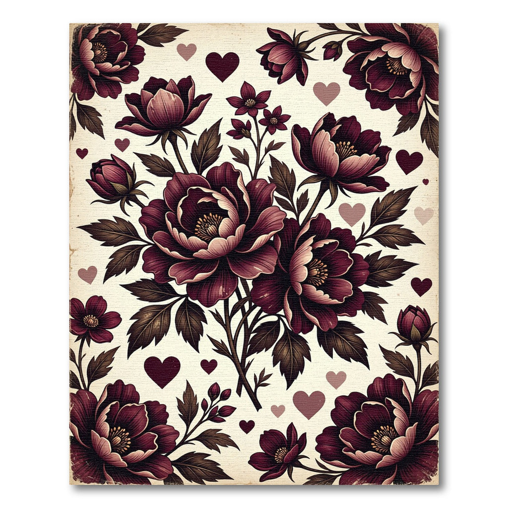 Dark Maroon Peony and Heart Bouquet Rug