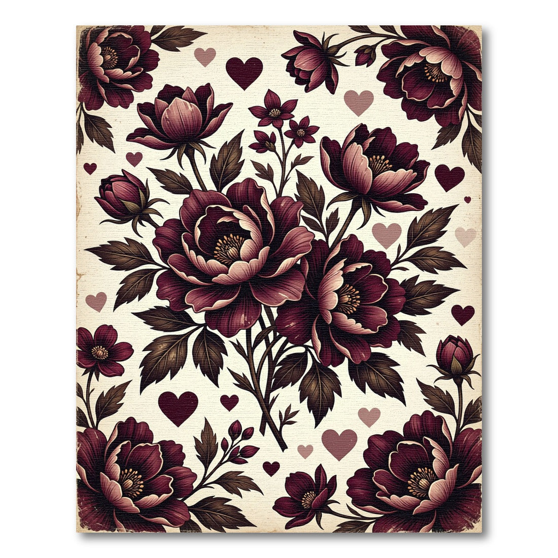 Dark Maroon Peony and Heart Bouquet Rug
