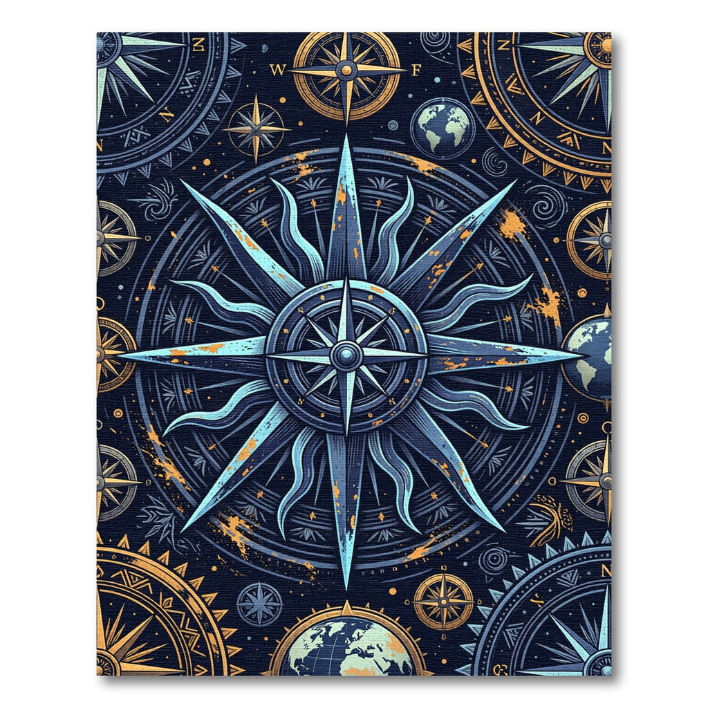 Celestial Compass Blue Gold Nautical Medallion Rug