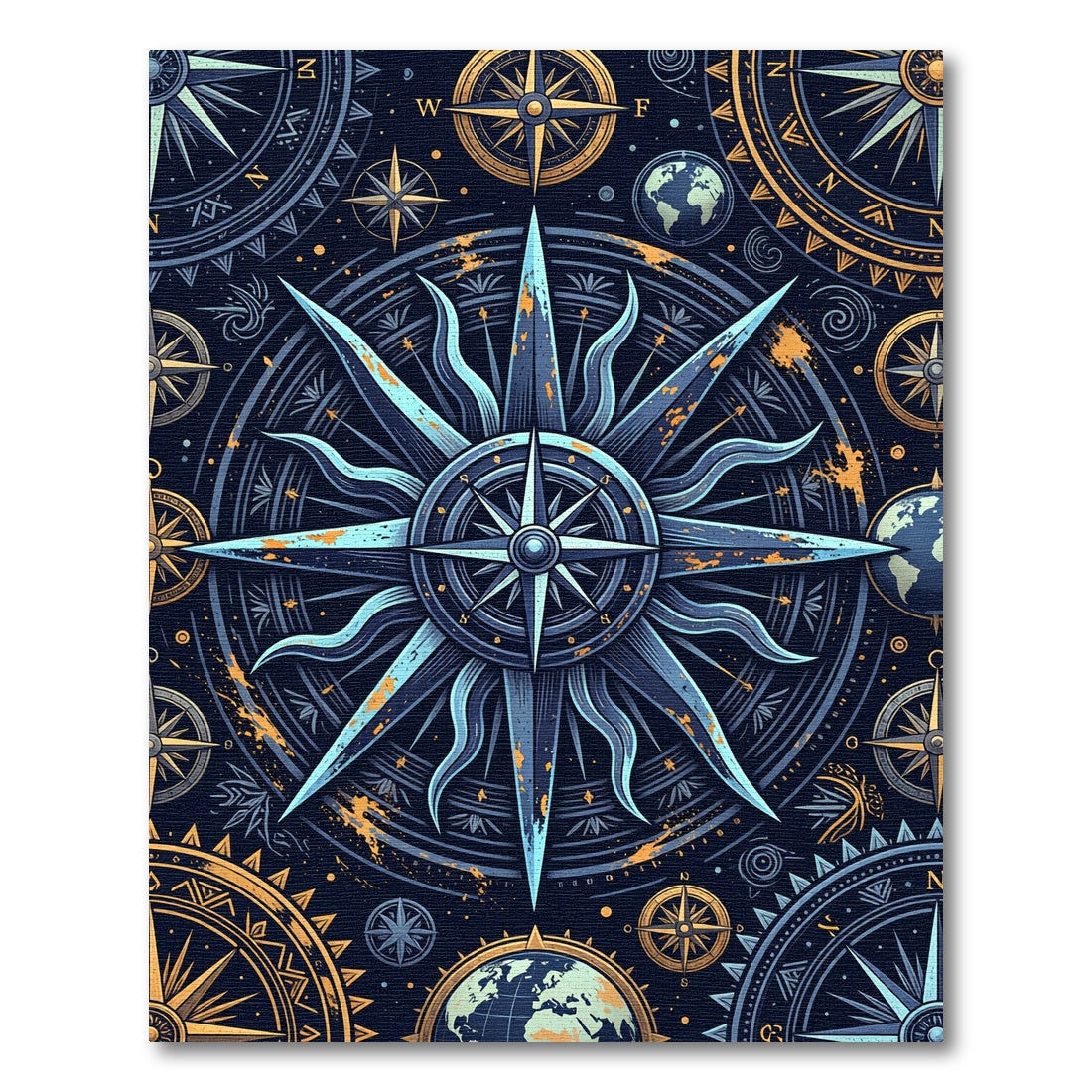 Celestial Compass Blue Gold Nautical Medallion Rug