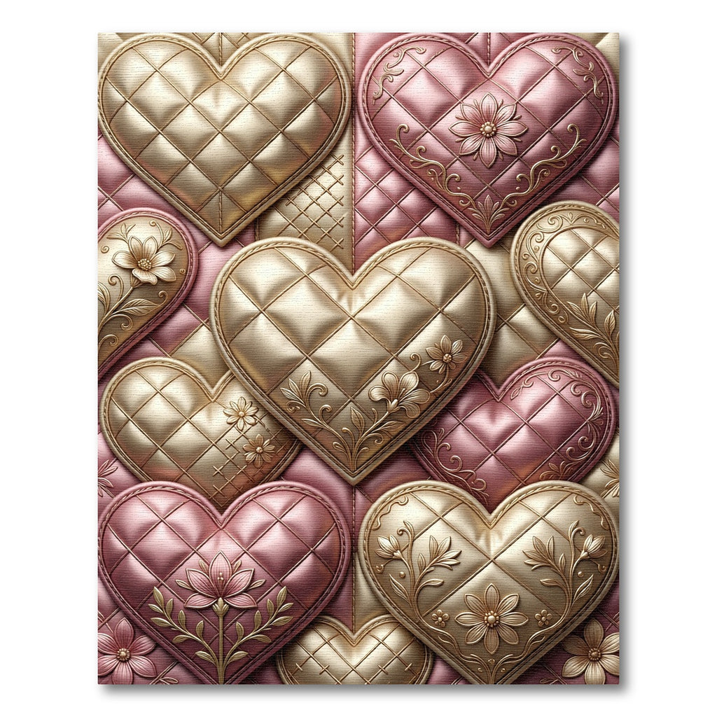 Pink Gold Quilted Heart Floral Arrangement Rug
