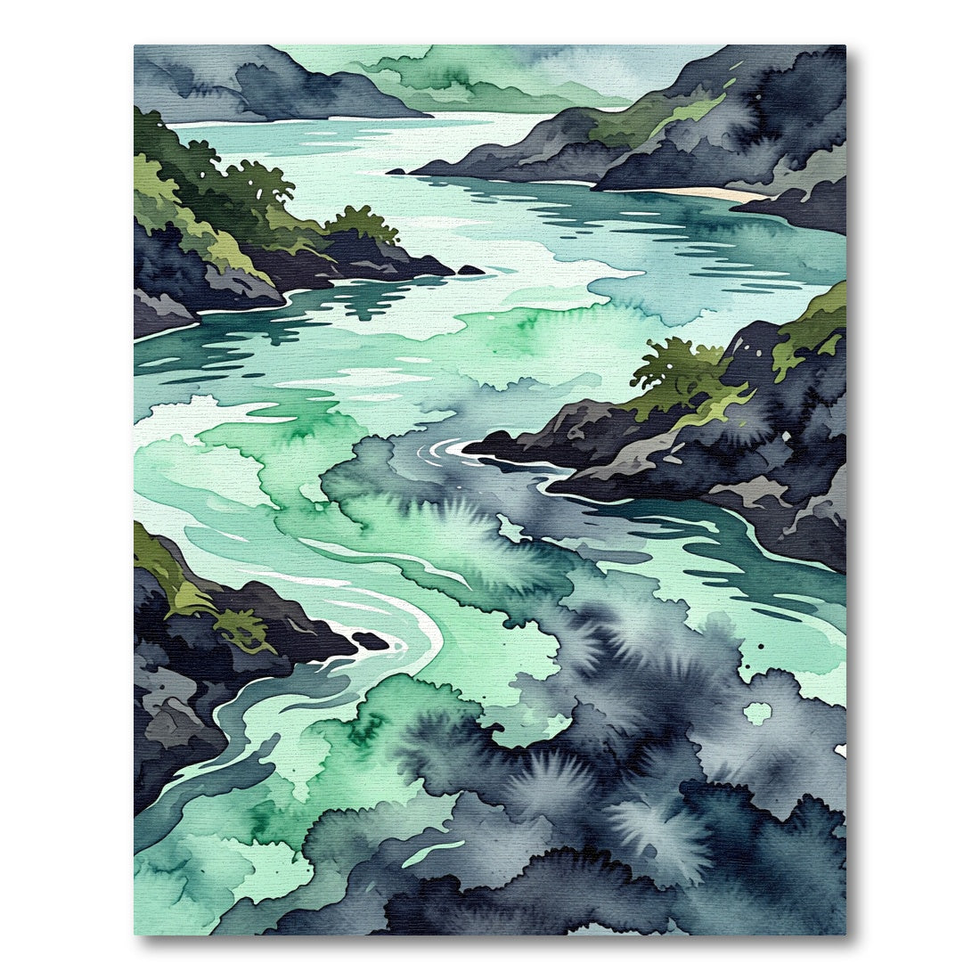 Ethereal Emerald Coastal Watercolor Landscape Rug