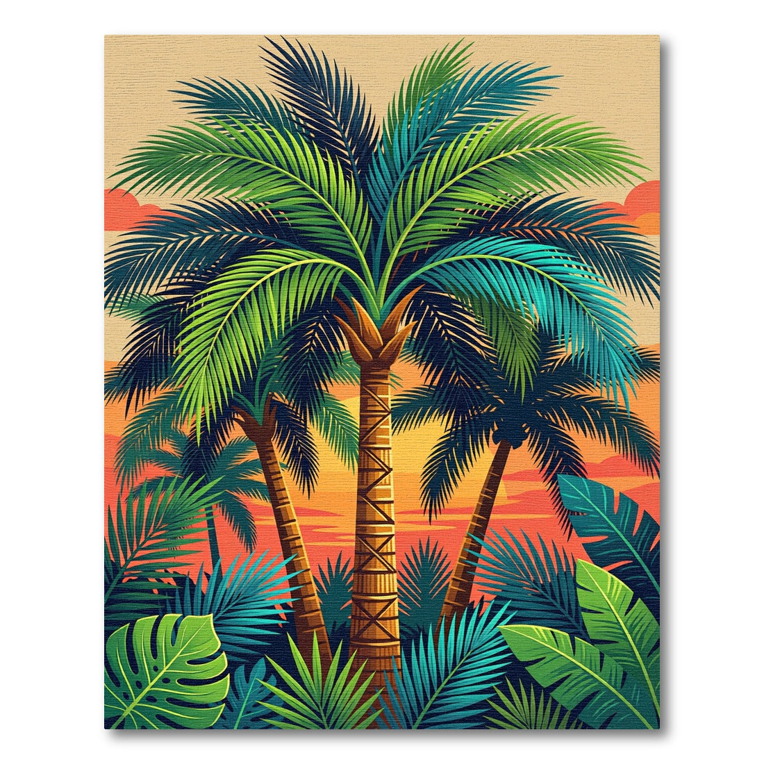 Vibrant Tropical Palm Sunset Landscape Rug