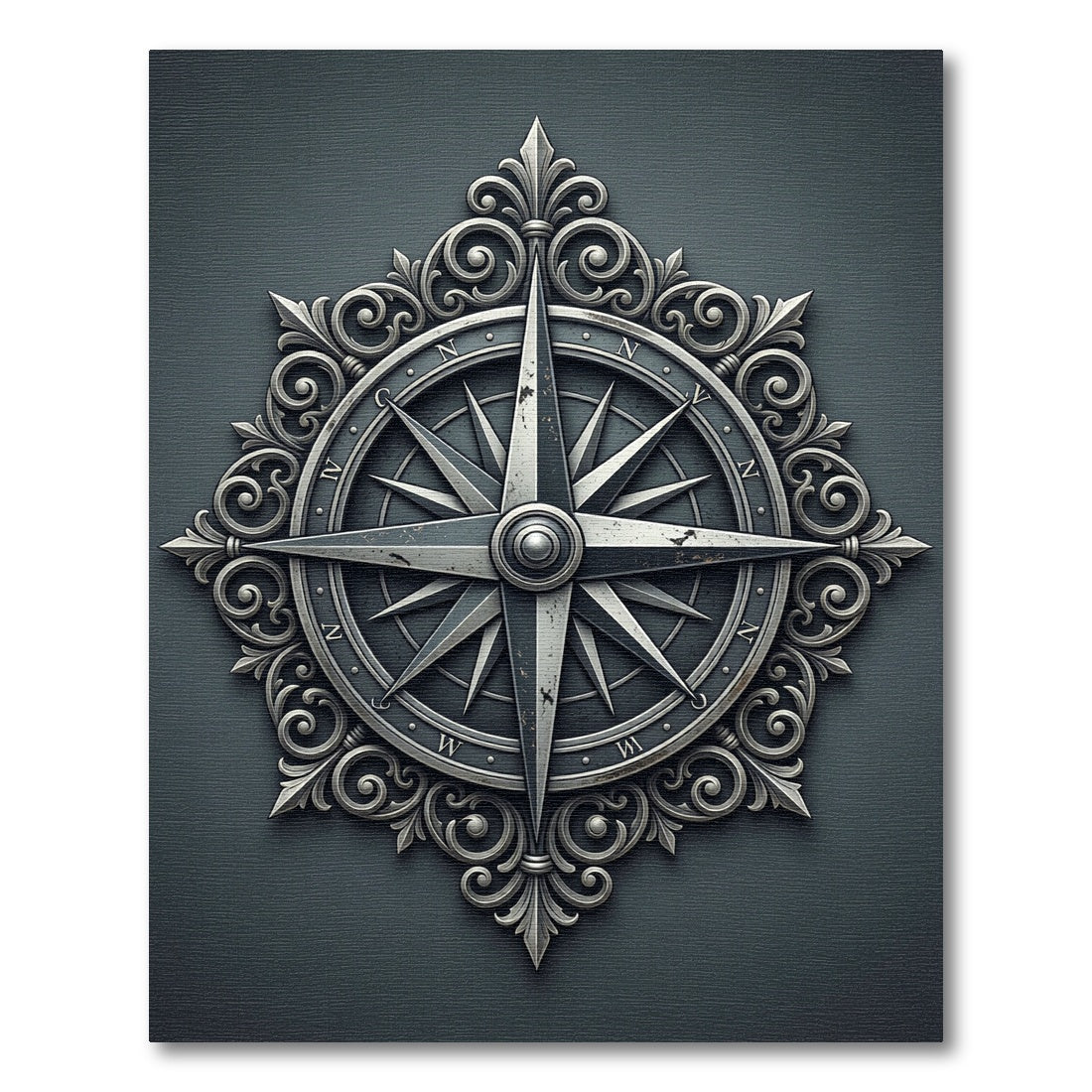 Ornate Silver Compass Rose Medallion Rug