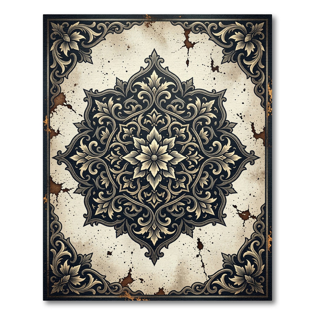 Earthy Vintage Cream Navy Floral Medallion Rug