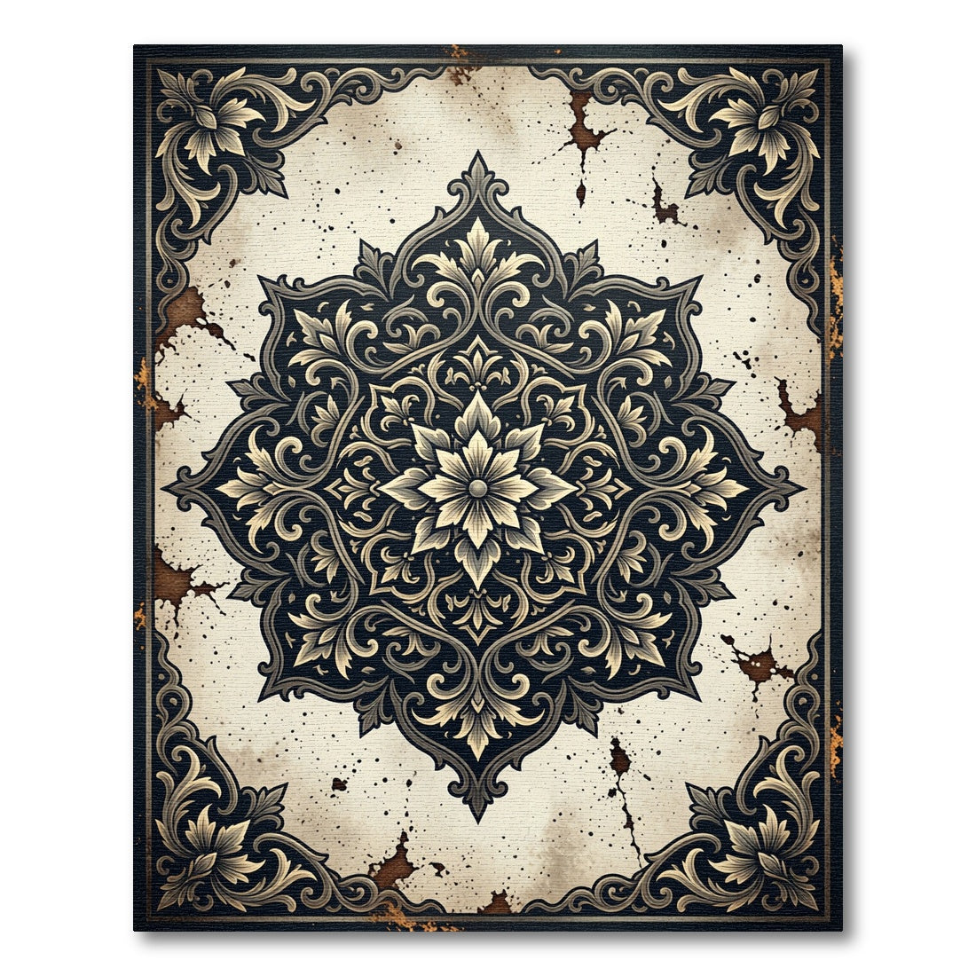 Earthy Vintage Cream Navy Floral Medallion Rug