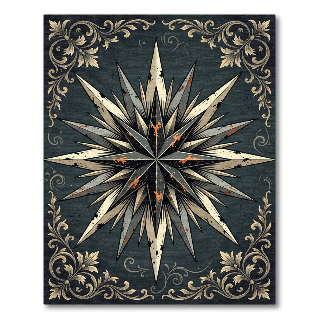 Vintage Distressed Compass Star Filigree Rug