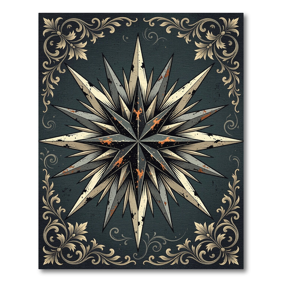Vintage Distressed Compass Star Filigree Rug