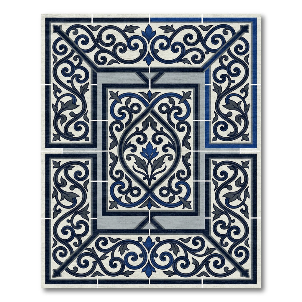 Classic Navy Blue Flourish Scroll Tile Rug