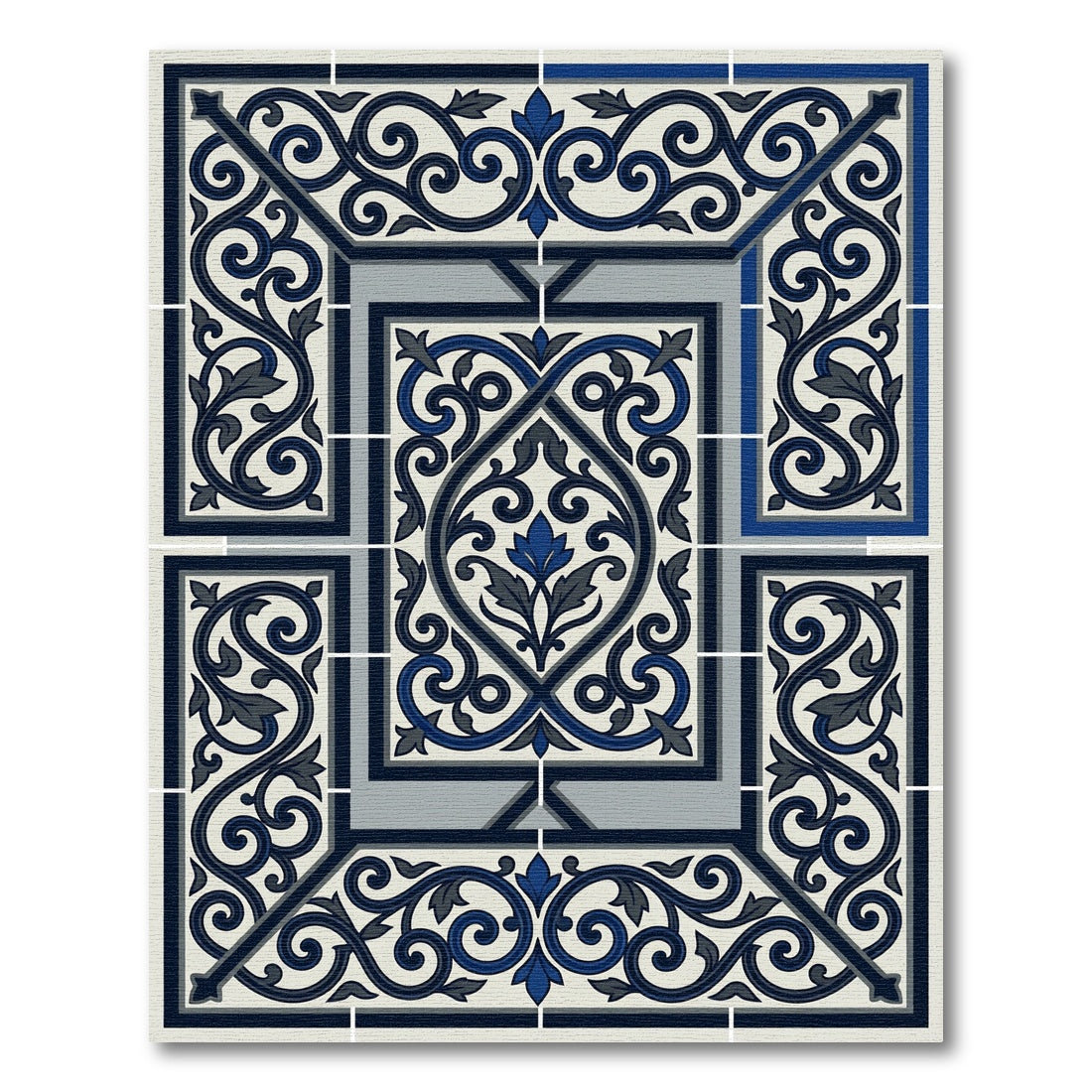 Classic Navy Blue Flourish Scroll Tile Rug