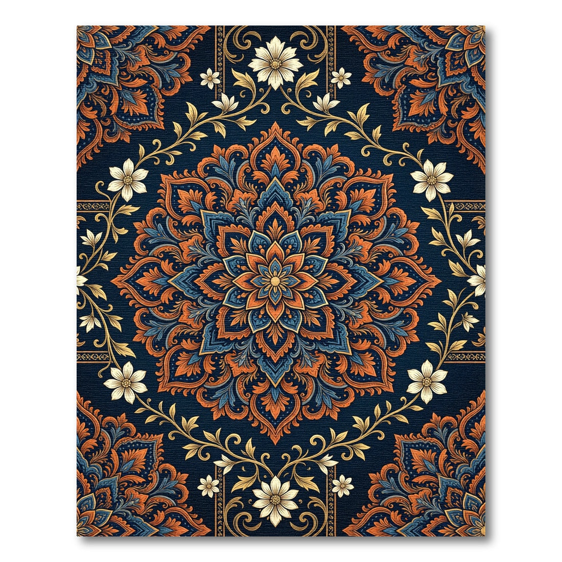 Deep Blue Orange Floral Mandala Rug