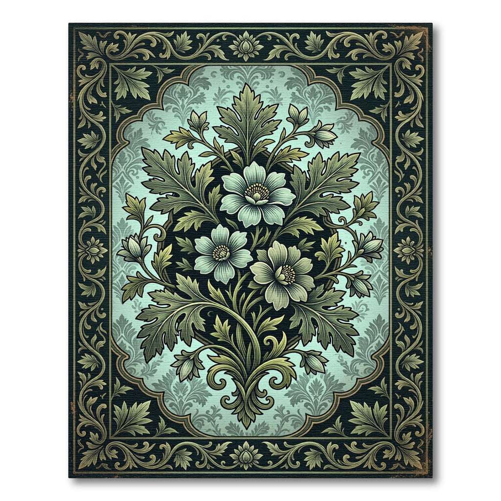 Ornate Sage Floral Damask Medallion Rug