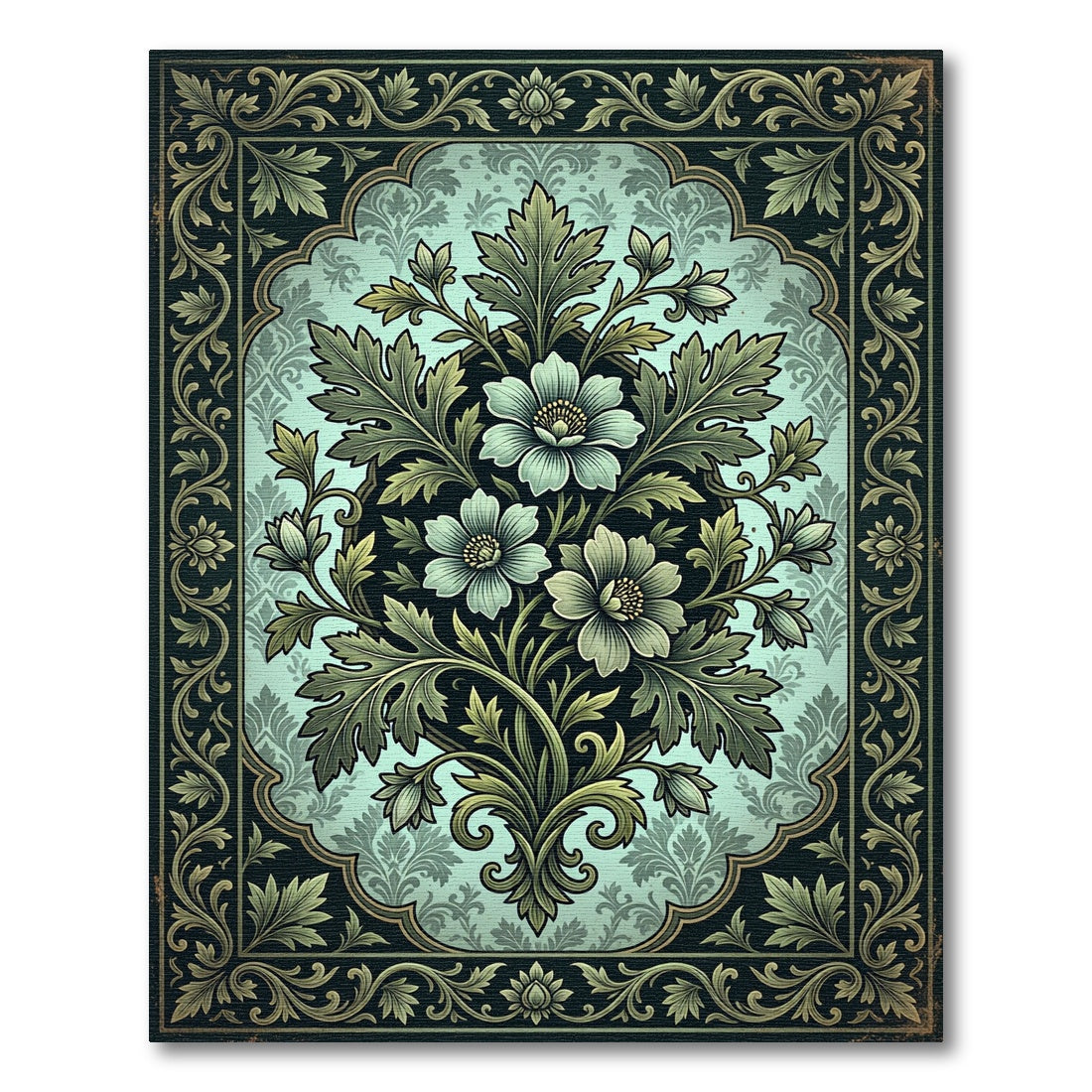 Ornate Sage Floral Damask Medallion Rug
