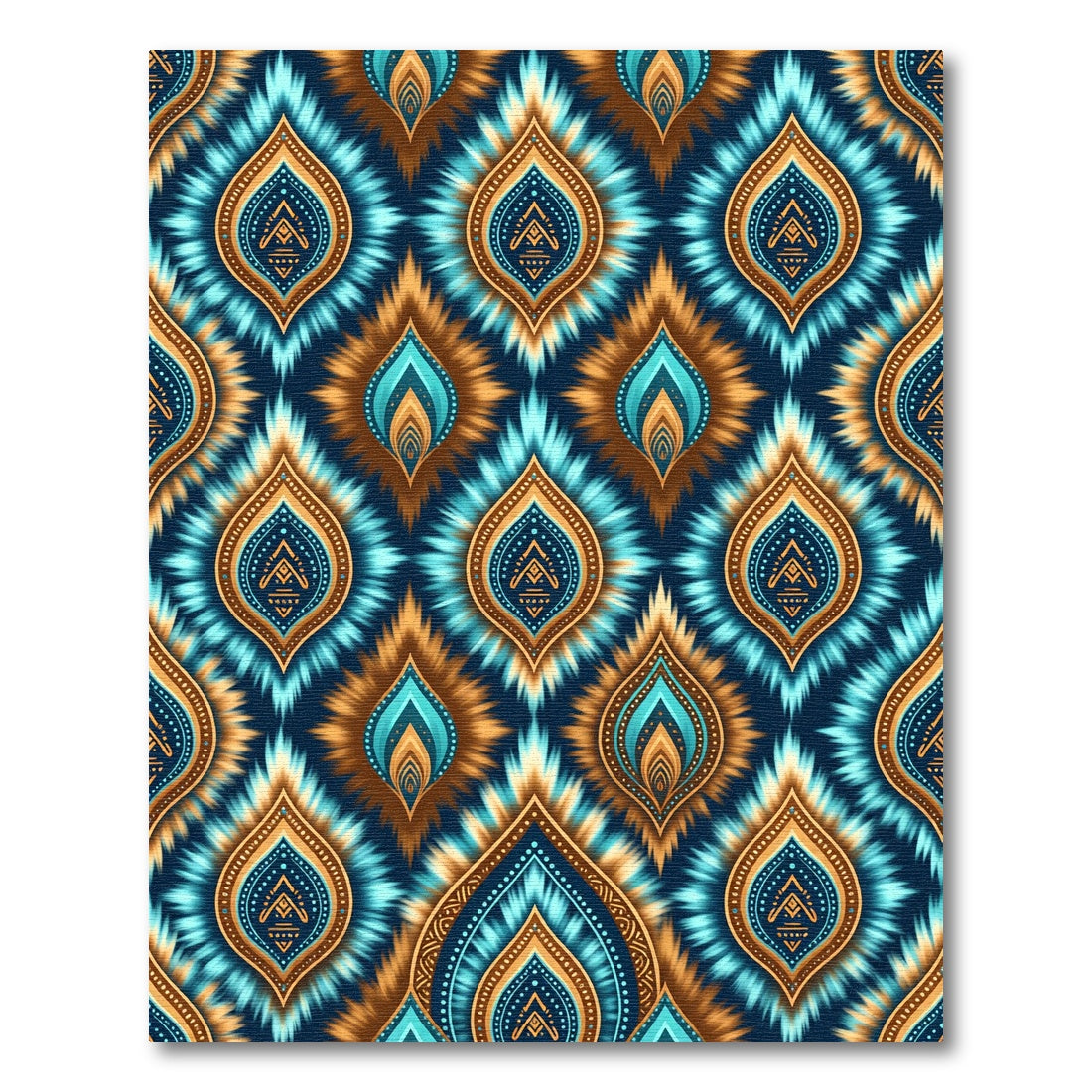 Teal Blue Gold Ikat Leaf Tile Rug