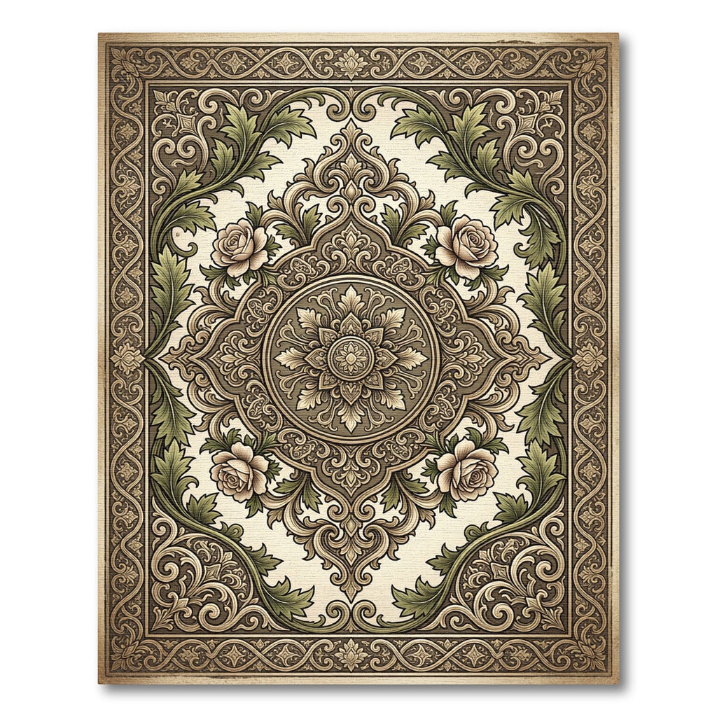 Ornate Floral Medallion Ivory and Green Rug