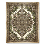 Ornate Floral Medallion Ivory and Green Rug