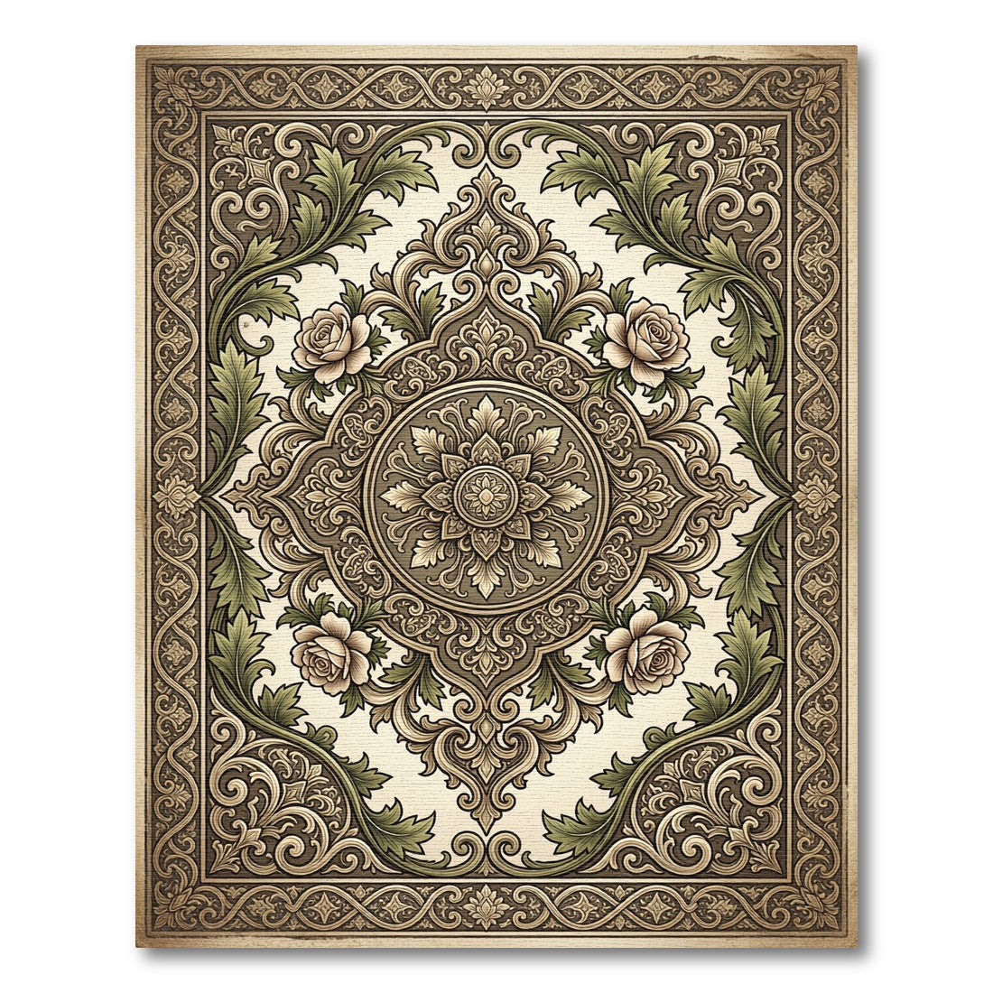 Ornate Floral Medallion Ivory and Green Rug