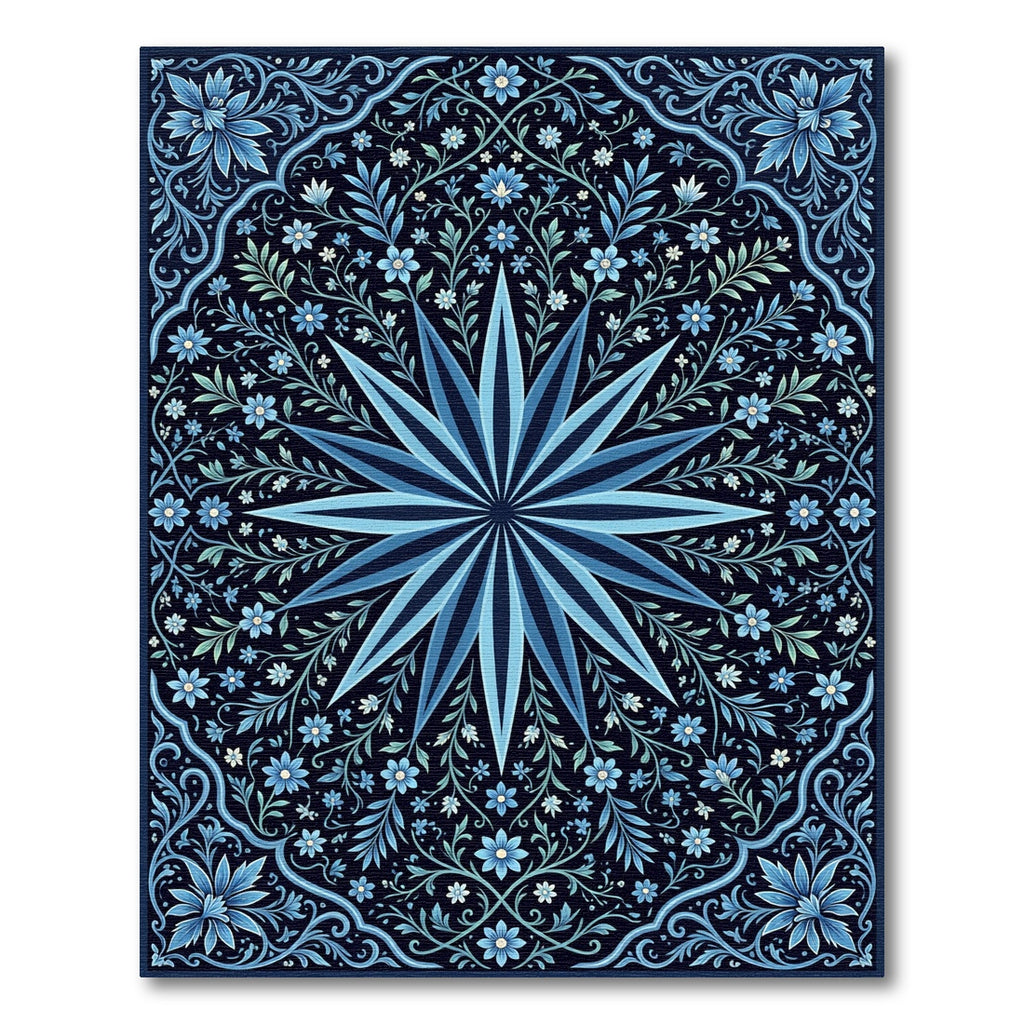 Midnight Blue Star Floral Vine Rug