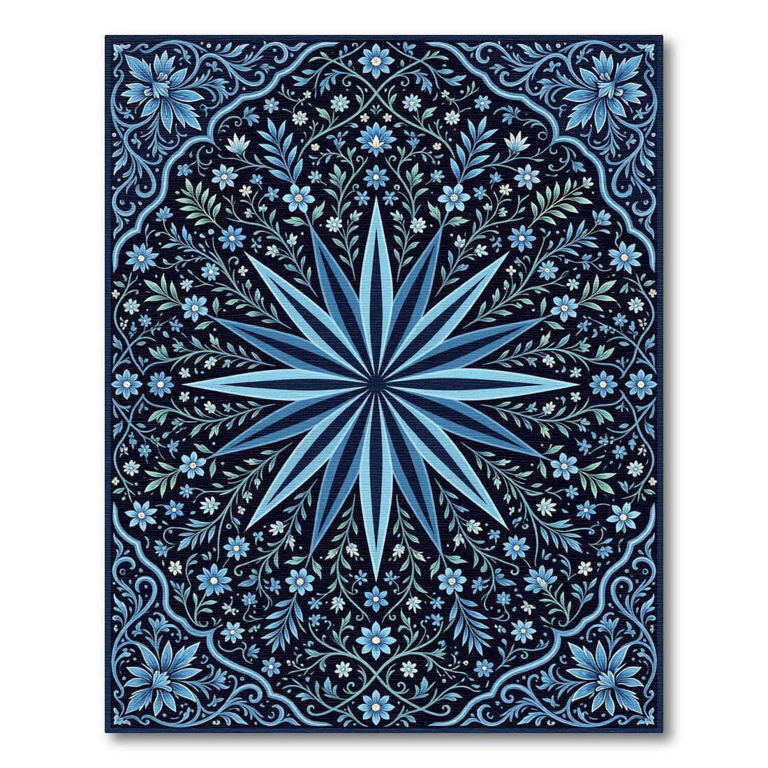 Midnight Blue Star Floral Vine Rug