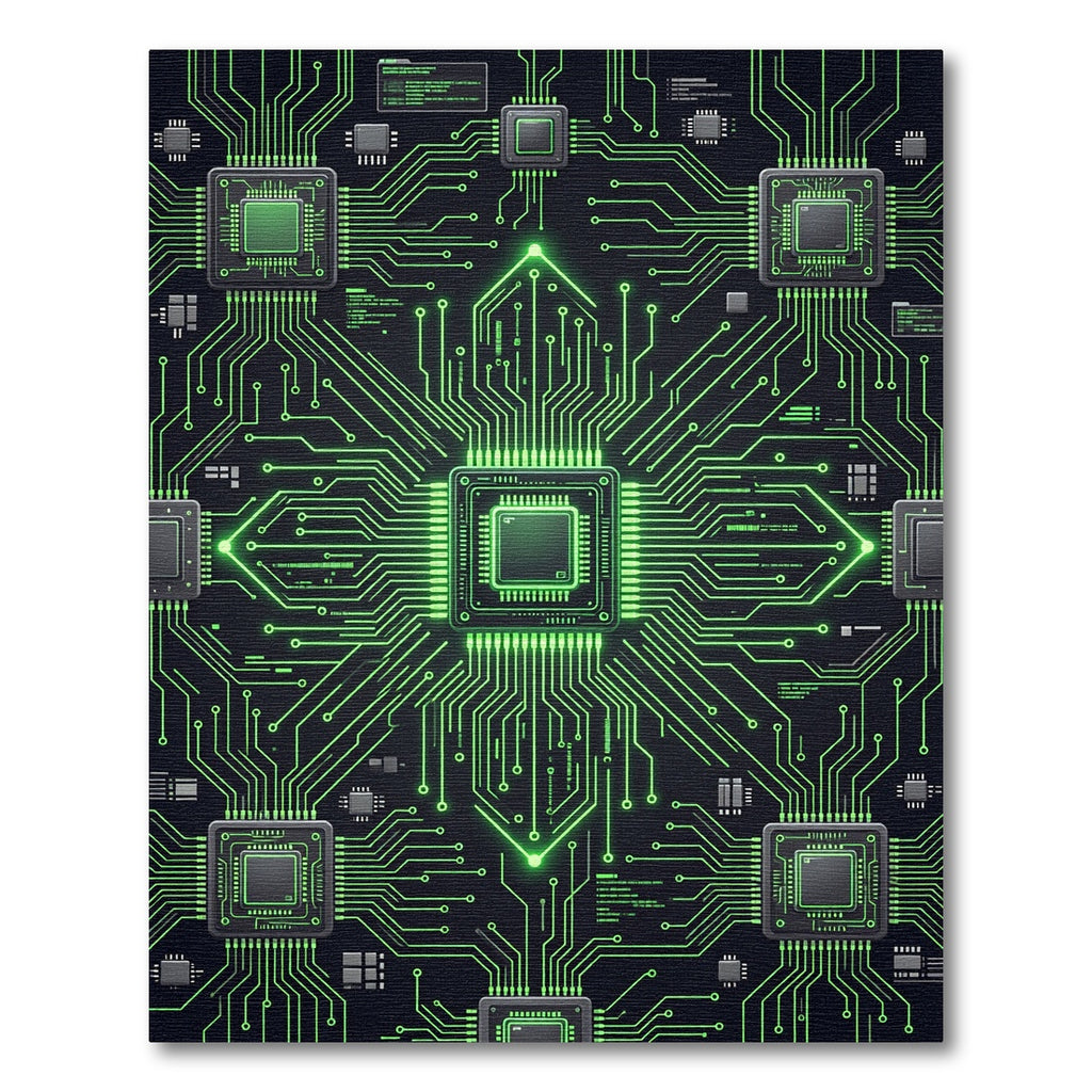 Neon Green Cyber Circuit Grid Rug