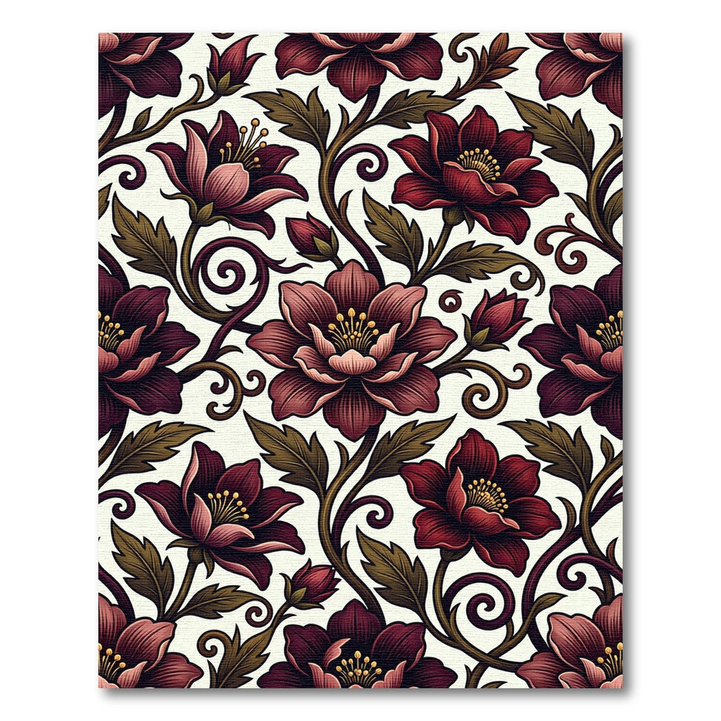 Dark Crimson Floral Scroll Botanical Rug