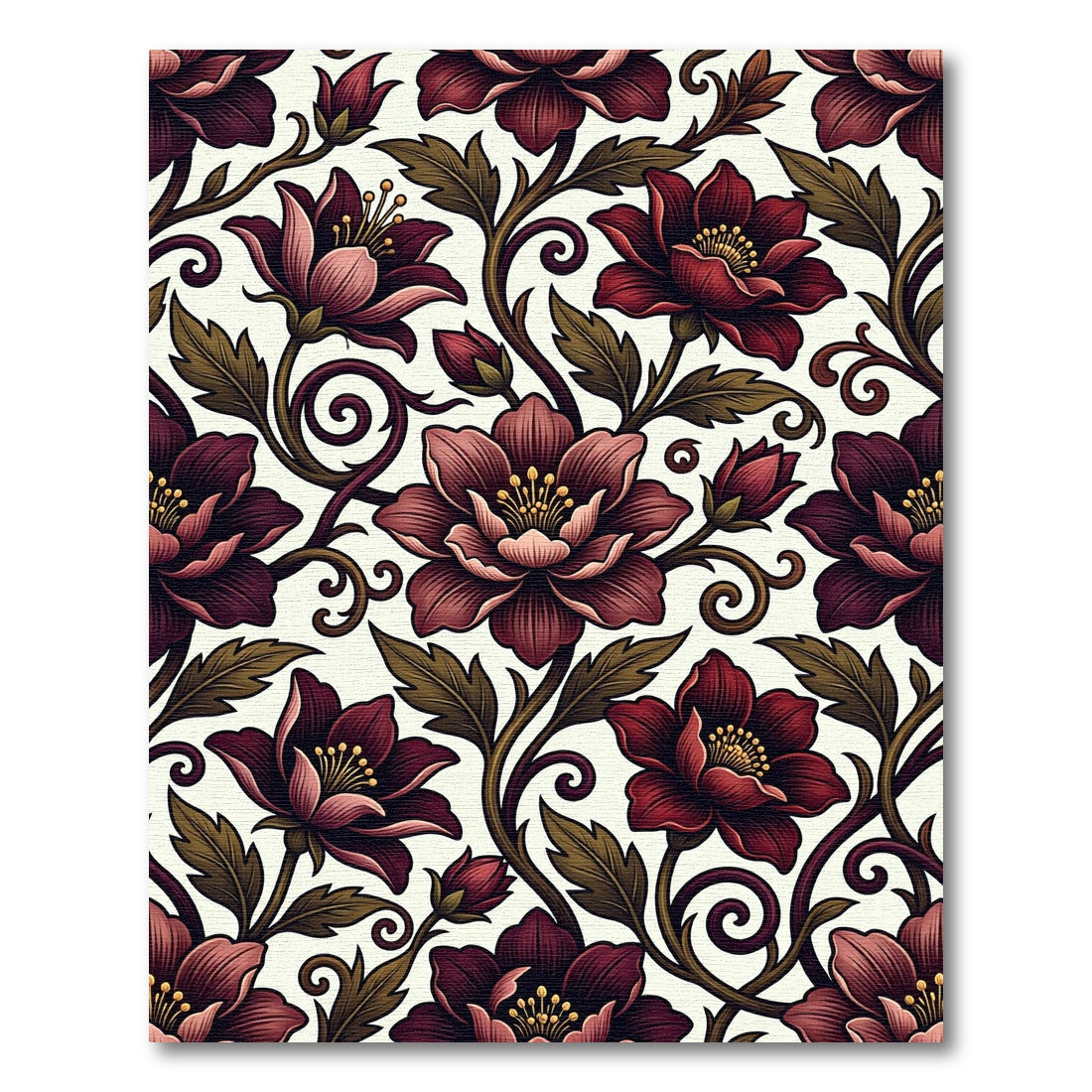Dark Crimson Floral Scroll Botanical Rug