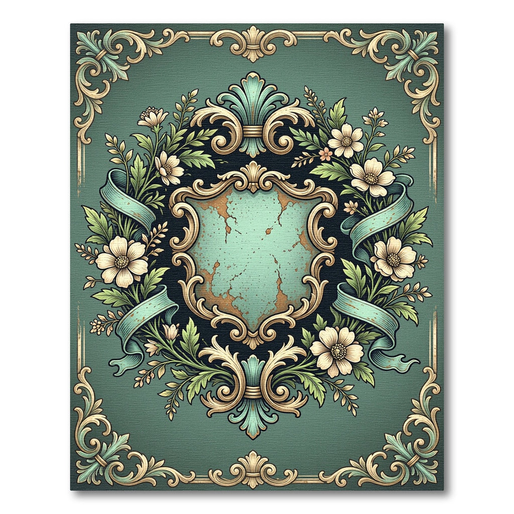 Ornate Teal Floral Crest Border Rug