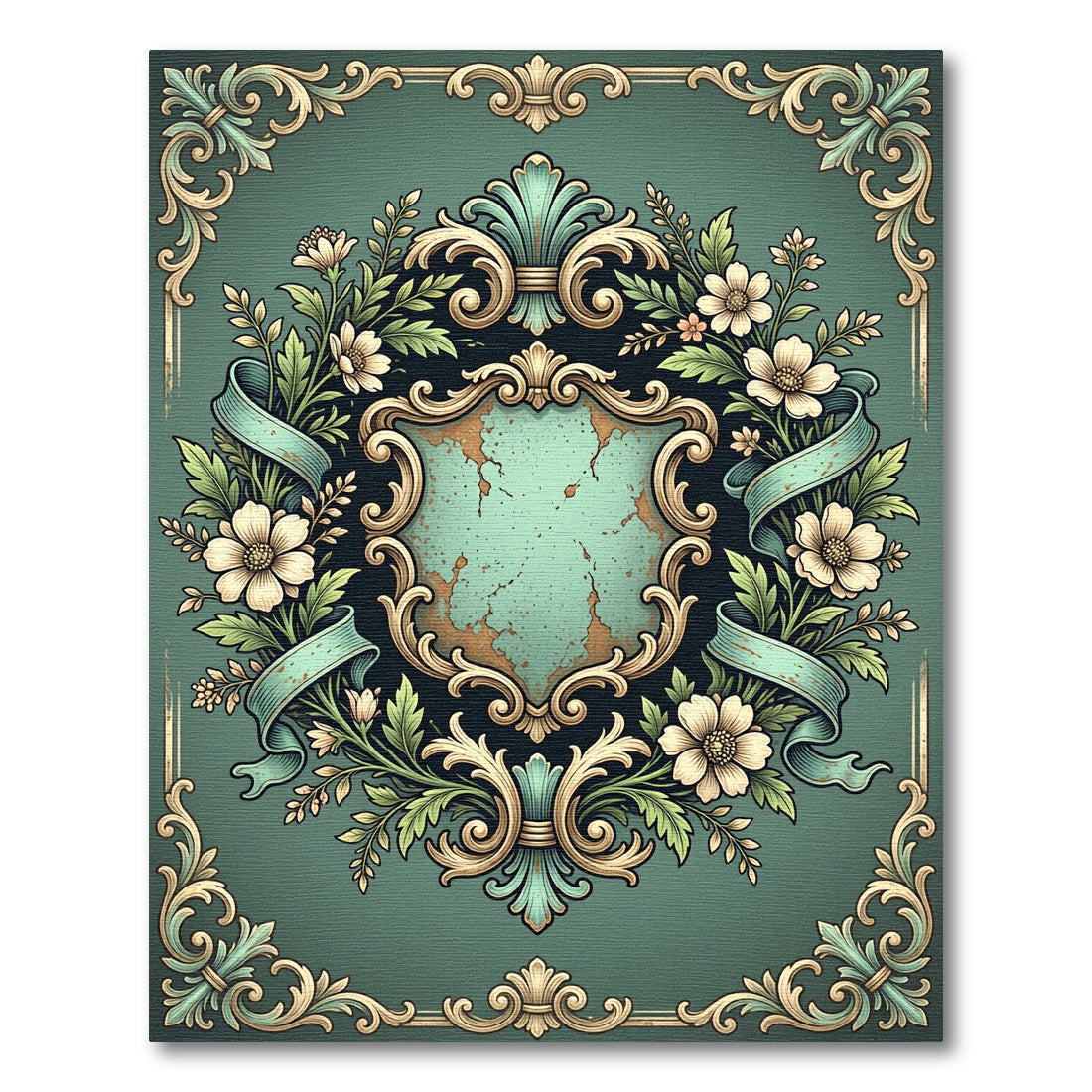 Ornate Teal Floral Crest Border Rug