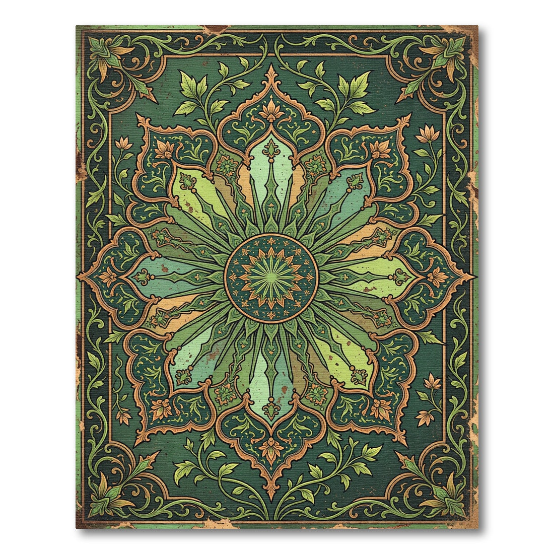 Emerald Sage Ornate Vintage Floral Medallion Rug