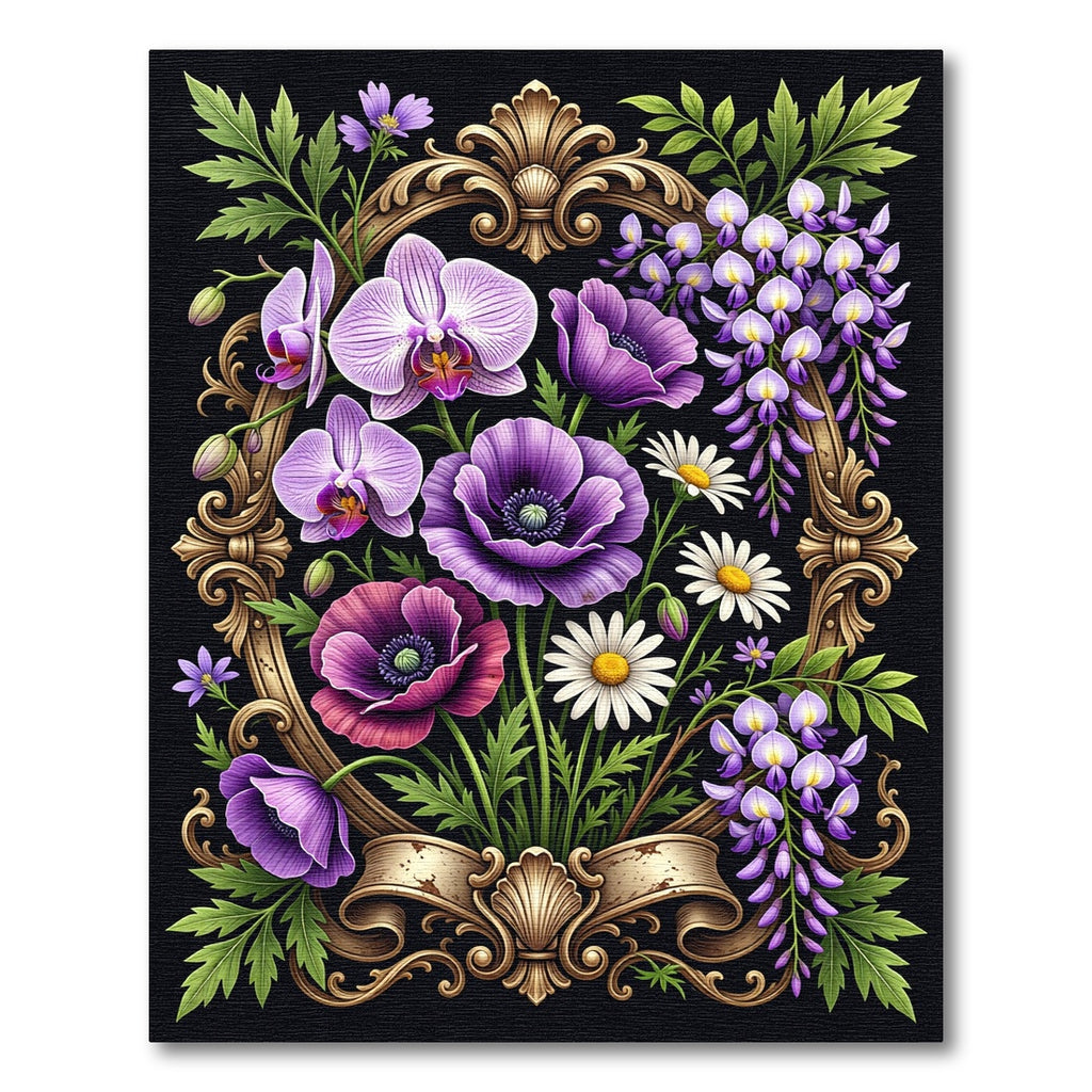 Elegant Purple Floral Ornate Frame Rug