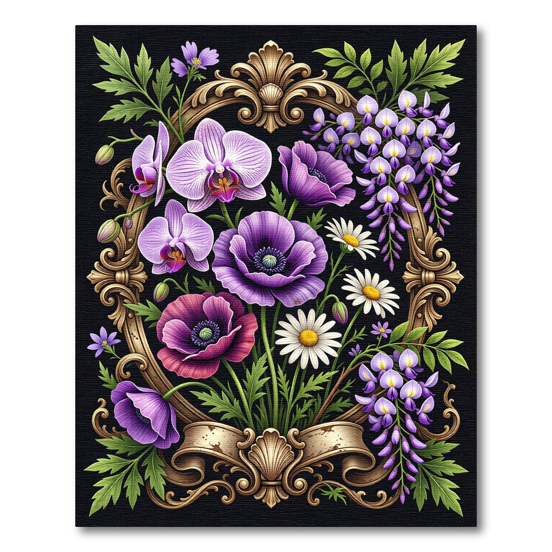 Elegant Purple Floral Ornate Frame Rug