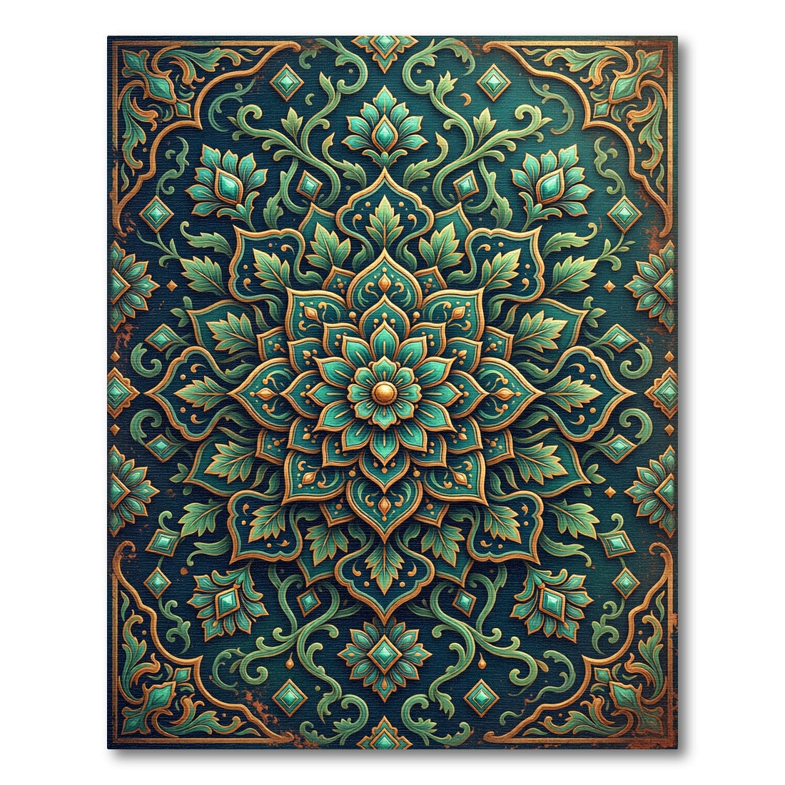 Teal Floral Medallion Gold Filigree Rug