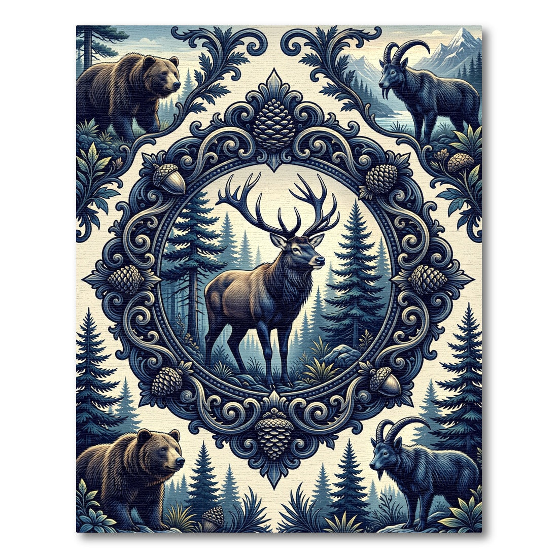Blue Woodland Elk Bear Alpine Medallion Rug